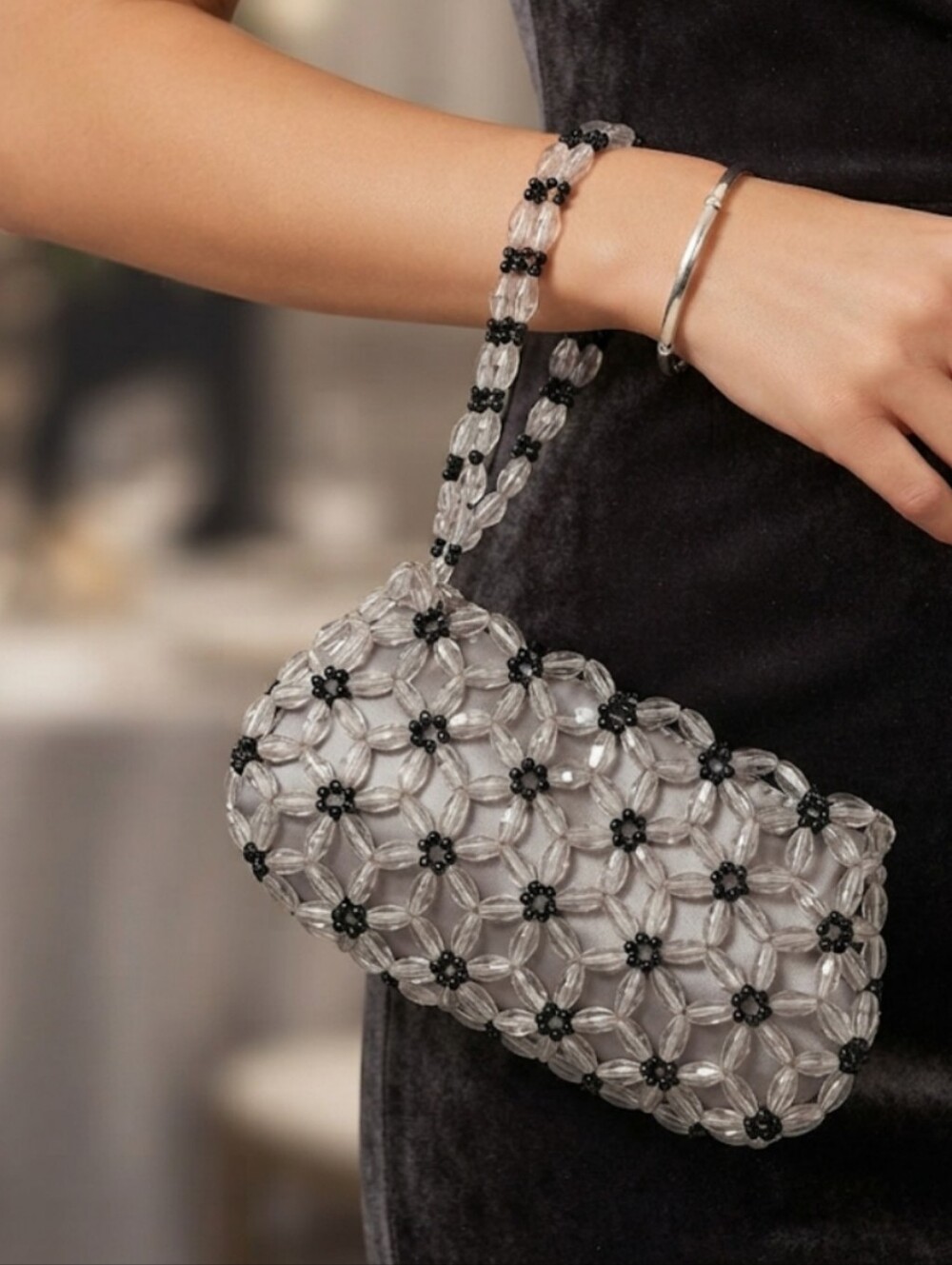 Y2K Vintage Clear & Black Beaded Floral Candy Dot Wristlet Mini Bag